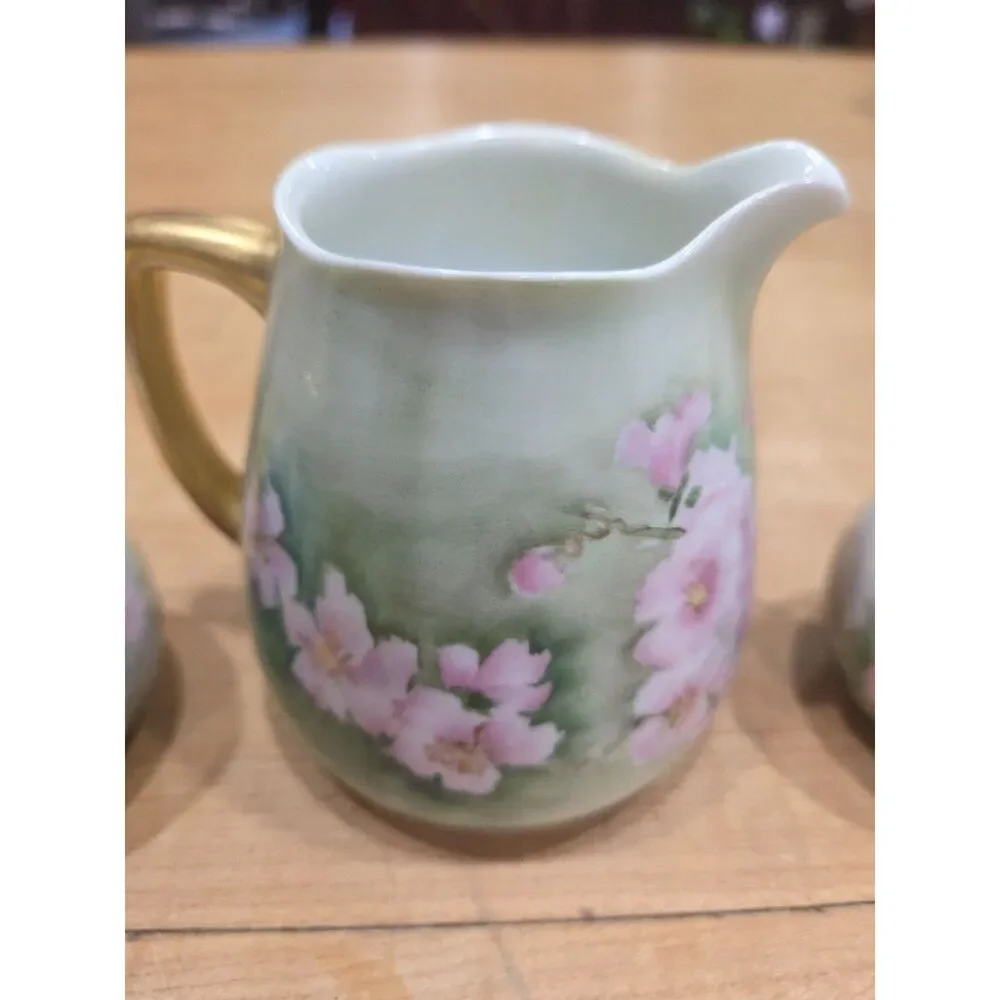 Antique Porcelain Creamer Salt Pepper Shakers Silesia Alice Pink Floral Gold 3